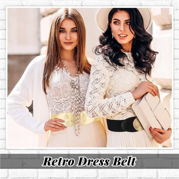 Leyndo 2 Pcs Elastic Vintage Belts Retro Wide Waist Belt Stretchy Cinch Buckle